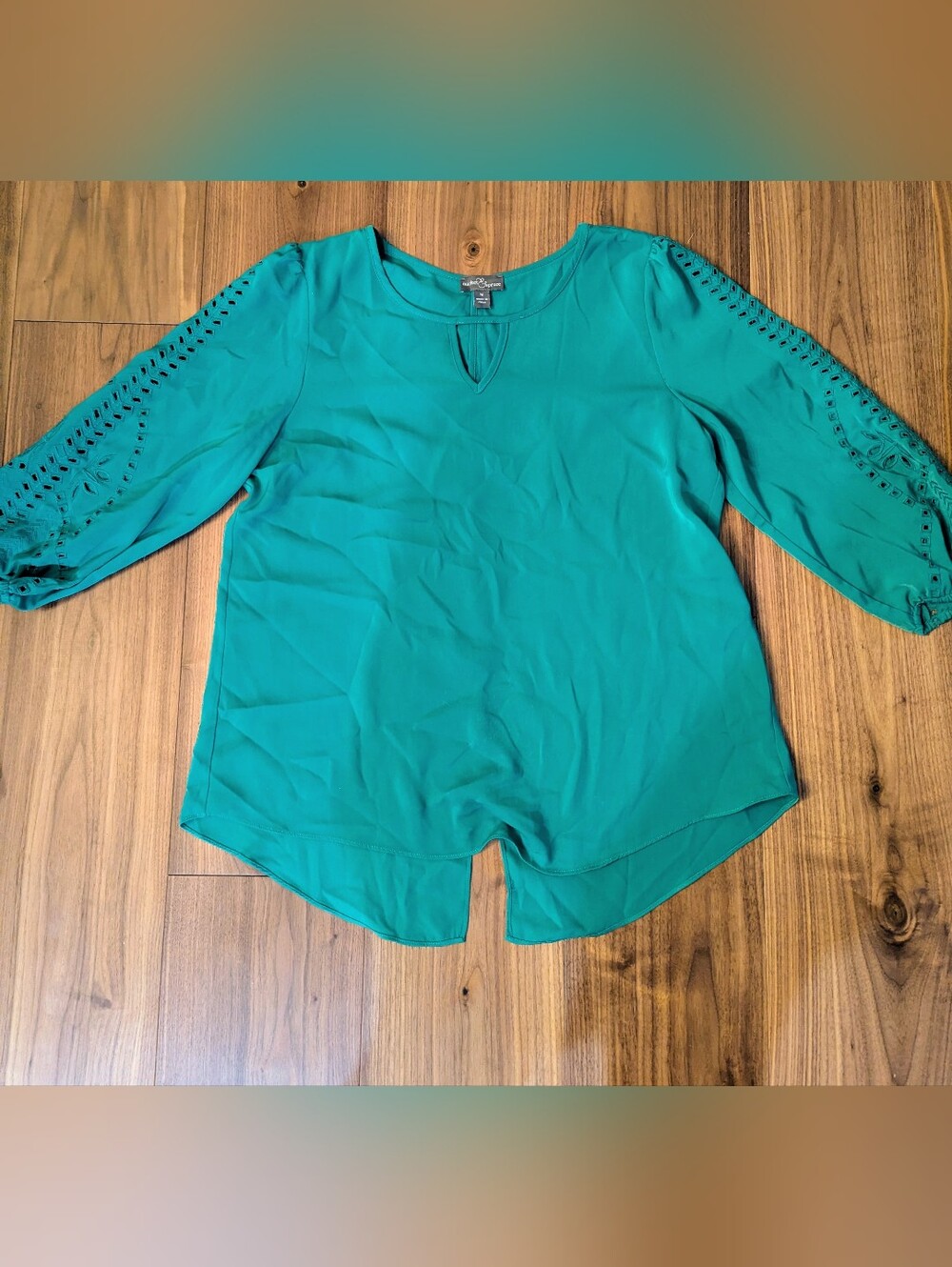 Market & Spruce Teal Keyhole Crochet-Sleeve Blouse